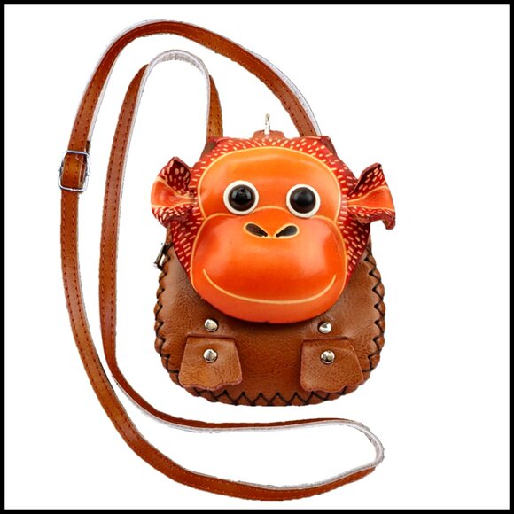 Monkey Coin Purse Crossbody Bag Adjustable Strap Leather Small Pouch